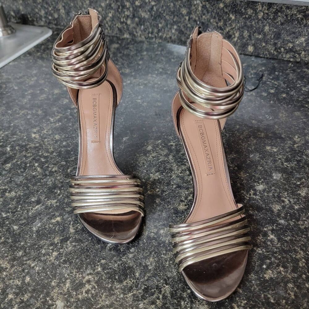 BCBGMAXAZRIA Valai Strappy Metallic Stilleto Open Toe Leather Sandal US SIZE 5